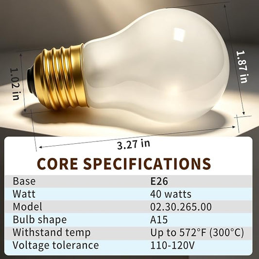 Oven Light Bulb 40 Watt A15 E26 Base Stove Light Bulb 120V | High Temp 300 °C Resistant Replace 02.30.265.00 for Range Microwaves Lava Lamp Replacement Bulbs (6PCS)
