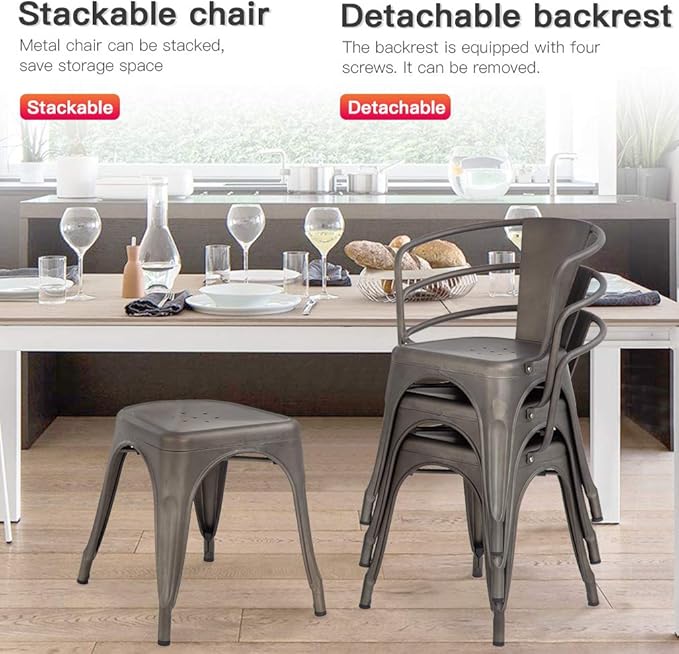 FDW Metal Dining Chairs Set of 4 Patio Chiar Indoor Outdoor Kitchen Chairs 18 Inch Seat Height Restaurant Chair 330LBS Weight Capacity Tolix Side Metal Stackable Bar Chairs
