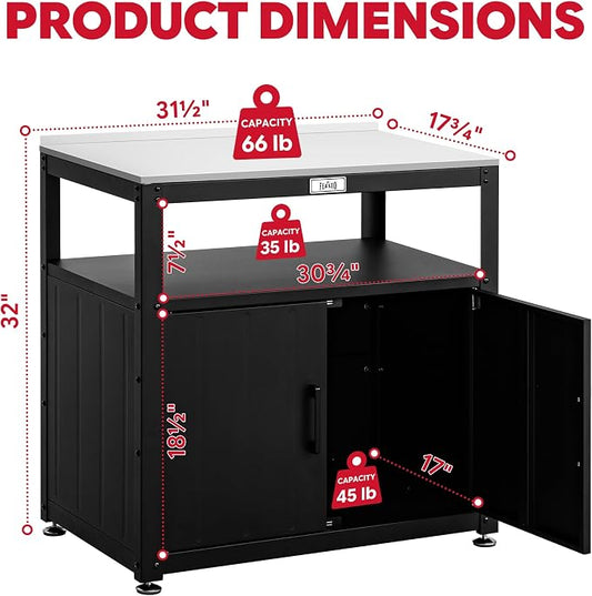 Feasto Metal Outdoor Potting Bench with Storage Cabinet for Garden Work | Durable Metal Cabinet & Stainless Steel Top, Open Middle Shelf, Raised Edge & Adjustable Feet, for Patio, Lawn & Greenhouse