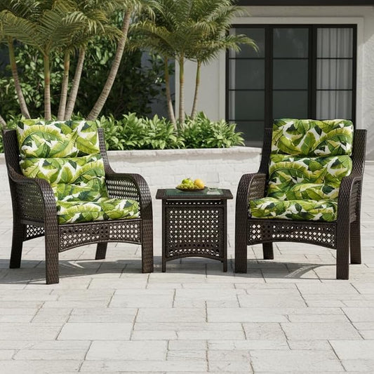 Outdoor Tufted High-Back Chair Cushions, One-Piece Hinged Seat and Back Design, Reversible with 4 Ties, Durable Polyester Fabric, Recycled Fiber Fill - Set of 2, Palm Leaves White