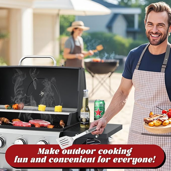 4 Burner Propane Gas Grill, 387 Sq.In Stainless Steel BBQ Grill with Foldable Side Table & Wheels, Portable Outdoor Gas Grill for Backyard Patio Camping, Easy Ignition & Thermometer