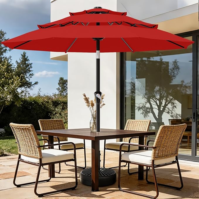 AreShark 9ft 3-Tier Patio Umbrellas, Outdoor Umbrella with 8 Sturdy Ribs UV Protection Windproof, Market Table Umbrella w/Push Button Tilt & Crank for Pool, Porch, Deck, Garden(Red)