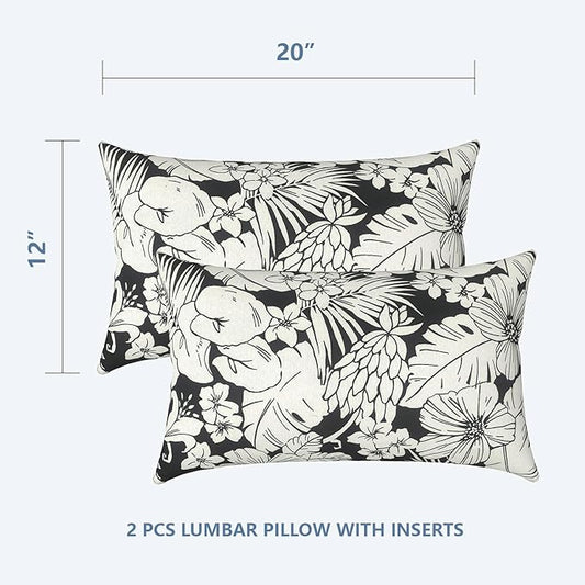 LVTXIII Outdoor/Indoor Lumbar Pillows, Decorative Patio Lumbar Cushions, Fluffy Fade Resistant Throw Pillow Cushions for Home Patio Coach Sofa, 12×20 Inch, Pack of 2, Tropical Blossom Noir
