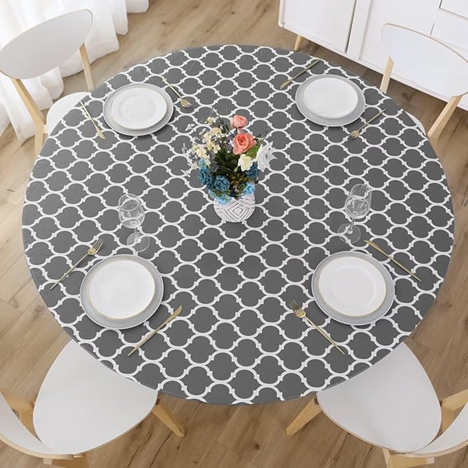 Romanstile Round Fitted Vinyl Tablecloth with Elastic Edge 100% Waterproof | Table Covers for 57"- 68" Tables, Wipeable Flannel Backed Plastic Table Cloths for Dinner Picnic Camping, GreyMoroccan