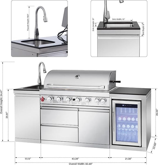 82.5'' Outdoor Kitchen Island, All-In-One 6 Burner Modular Outdoor Kitchen for Backyards, 83500 BTU BBQ Grill with 304 Stainless Steel, Silver Outdoor Kitchens with Sink, Refrigerator