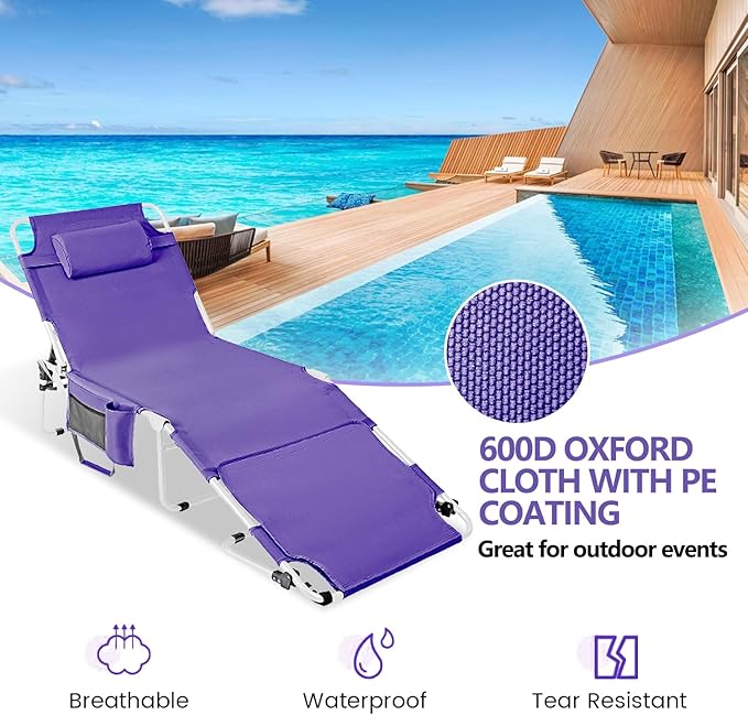 Tanning Chair with Face Hole, Adjustable Folding Chaise Lounge Chairs for Outside with Detachable Pillow & Pocket,Portable flat beach chairs for sunbathing, beach lawns camping (Purple, Oversized)