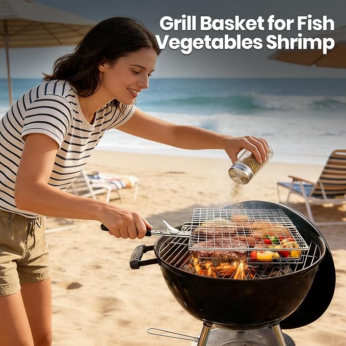 16 PCS Stainless Steel Grill Basket Set, Complete BBQ Grill Accessories for Shrimp, Vegetables & Fish, Portable Grill Basket with Oil Sprayer, Ideal Grilling Gifts for Men Dad Husband