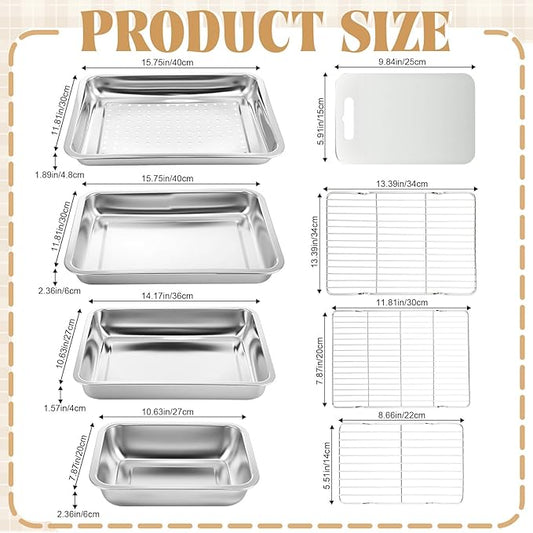 8 Pcs Grill Prep Carry System Grilling Prep Serve Tray Set Large Food Tub Tray Stainless Steel Trays Marinating Container with Lid, Cutting Board, Carrying BBQ Accessories Gifts for Outdoor