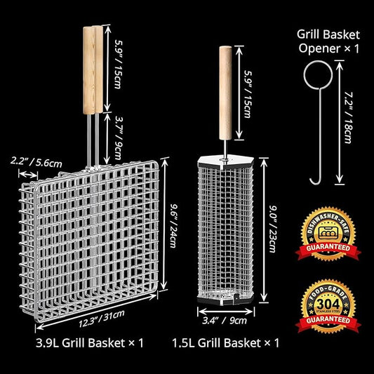 ivtivfu Grill Basket Set, Removable Wooden Handle, 304 Stainless Steel, Rolling BBQ Tools, Smoker Grilling Accessories for Vegetable Fish, Outdoor Cooking Camping, Birthday Gifts for Men Dad Husband