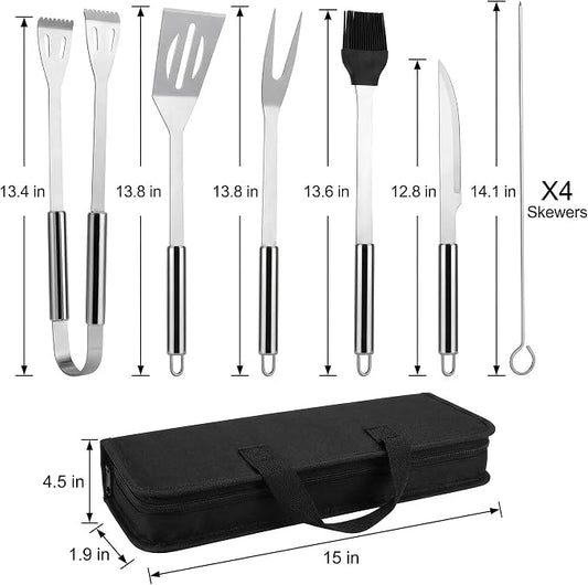 9-Piece BBQ Grill Tool Set, Stainless Steel with Storage Bag | Nine piece set of stainless steel grill tools. Very suitable for camping, backyard gatherings, outdoor barbecues