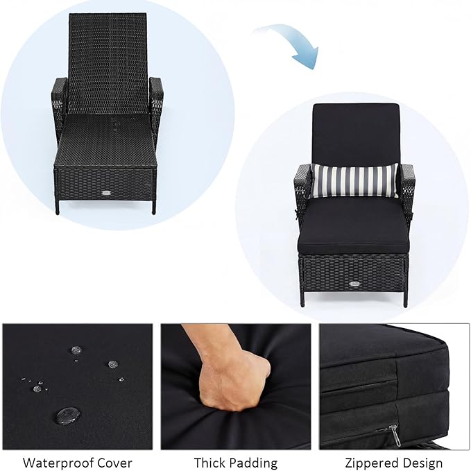 COSTWAY PE Rattan Chaise Lounge Chair, 6 Gear Adjustable Recliner with Armrest & Pillow, Wicker Outdoor Furniture for Deck, Patio (2, Black+White)