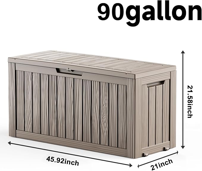 90 Gallon Large Outdoor Storage Box,Deck Box Waterproof, UV Resistant Resin Deck Box for Patio Furniture,Garden Tools,Cushions, Easy to Install(Grey)