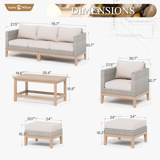 Sophia & William Patio Furniture Set, 5-Piece Wicker Patio Conversation Set, Rattan Outdoor Sectional Sofas with Ottomans & Wooden Coffee Table, Beige
