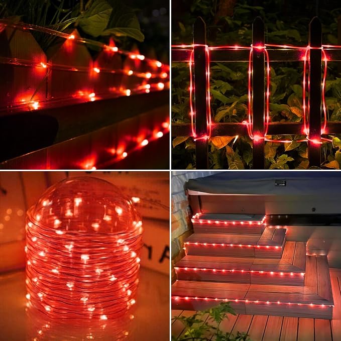 Jnaurb Solar Rope Lights, 2 Pack Total 66ft 200LED Solar String Lights, 8 Modes Waterproof Solar Outdoor Light, Flexible Clear Trampoline Light for Garden Yard Patio Deck Porch Pool Tree Decor - Red