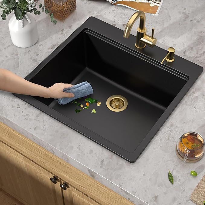 23 Inch Drop In Bar Sink, Matte Black Granite Composite Workstation Single Bowl Small Prep Wet Sink with All-In One Gold Accessories & Cutting Board for RV, Kitchen Bar, and Boat #TLGT-132