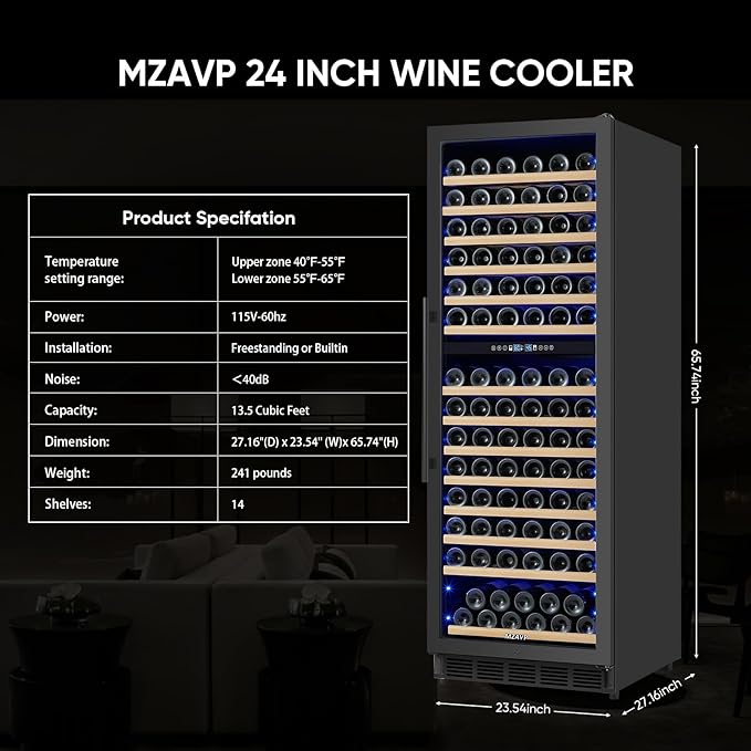 Dual Zone Wine Cooler Refrigerator, 24 Inch Wine Fridge Freestanding or Built-in, 154 Bottle Large Capacity Wine Cooler with Advanced Compressor, Air-circulation System and Low Noise - Black
