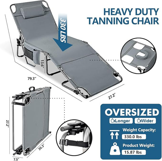 Tanning Chair with Face Hole, Adjustable Folding Chaise Lounge Chairs for Outside with Detachable Pillow & Pocket,Portable flat beach chairs for sunbathing, beach lawns camping (Deep Grey, Oversized)