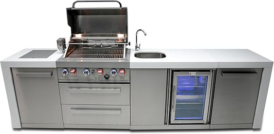 Mont Alpi Premium 120"W x 23"D x 46"H Deluxe Stainless Steel Outdoor Kitchen Island with Fridge Faucet & Sink Combo + 32"W 4-Burner BBQ Grill + Granite Countertops + Storage + Rotisserie Kit + Cover
