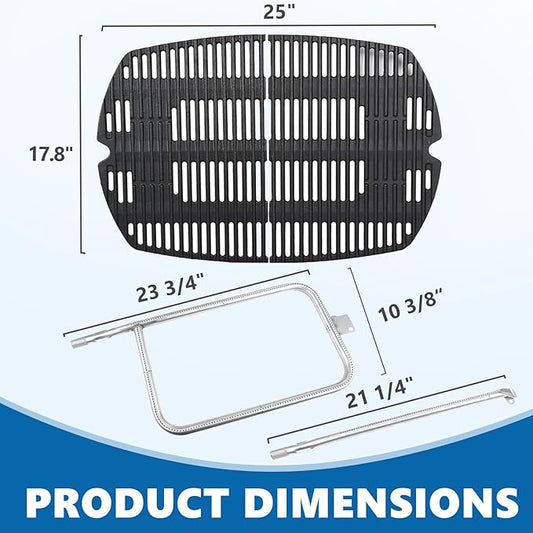 SafBbcue 7584 25" Cast Iron Cooking Grates & 65032 23.75" Grill Burner for Wber Q300 320 3000 3200 57060001 586002 Grills, Baby Q Grill Grids & Grates and Grill Burner Tube Kit for Weber 7646 & 65032