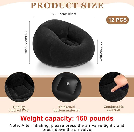 Realspring 6 9 12 Pcs Inflatable Bean Bag Chairs for Adults with Electric Air Pump, Blow up Couch Folding Portable Inflatable Couch Lazy Sofa for Outdoor Movie Night Camping(Black,12 Pcs)