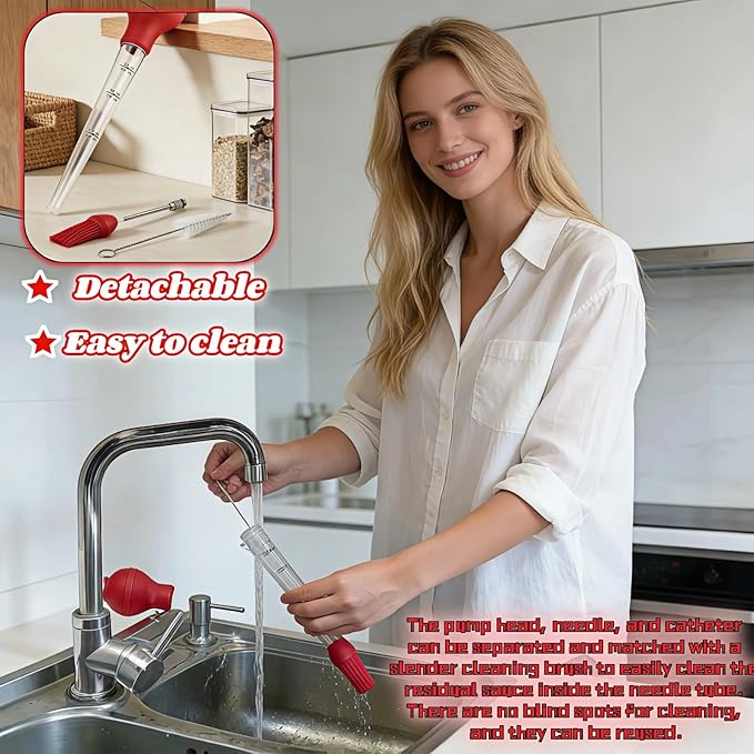 Turkey Baster with Cleaning Brush, Meat Injector Syringe with Detachable Silicone Bulb, 304 Stainless Steel Needle and Basting Brush for Roasting Chicken, 22ml Capacity (Red)