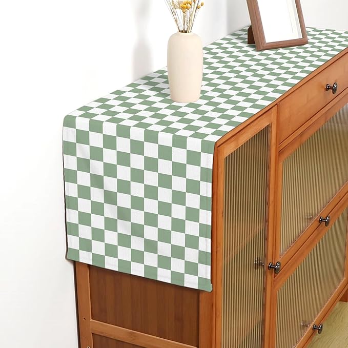 Sage Green Checkered Table Runner Green and White Classic Checkerboard Table Decorations for Wedding Birthday Bridal Baby Shower Home Party Kitchen Island Decor (Sage Green, 13" x 72")