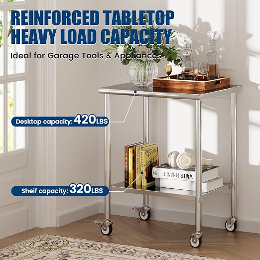 Stainless Steel Work Table with Wheels, 24x30 Inch NSF Kitchen Prep Table with Adjustable Undershelf for Commercial Restaurant, Garage, Outdoor BBQ