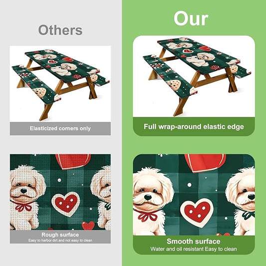 Christmas Picnic Table Cover with Bench Covers Set, Elastic Fitted Tablecloth for Outdoor Picnic Tables, Green Plaid Design with Cute Puppy and Heart Pattern, Durable Vinyl Cover for Campin