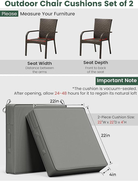 Outdoor Chair Cushion 22 x 22 x 4 Inches Patio Furniture Outdoor Waterproof Seat Cushion, Patio Chair Cushion with Handles and Ties, Square Dining Chair Cushion Set of 4, Light Grey