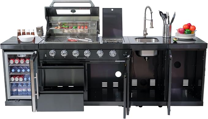 Modular Outdoor Kitchen BBQ Island, 104" Outdoor Kitchen Propane Gas Island Grill with Sink, Compact Refrigerator, Storage Cabinets, Rotisserie Kit (Black, 104")
