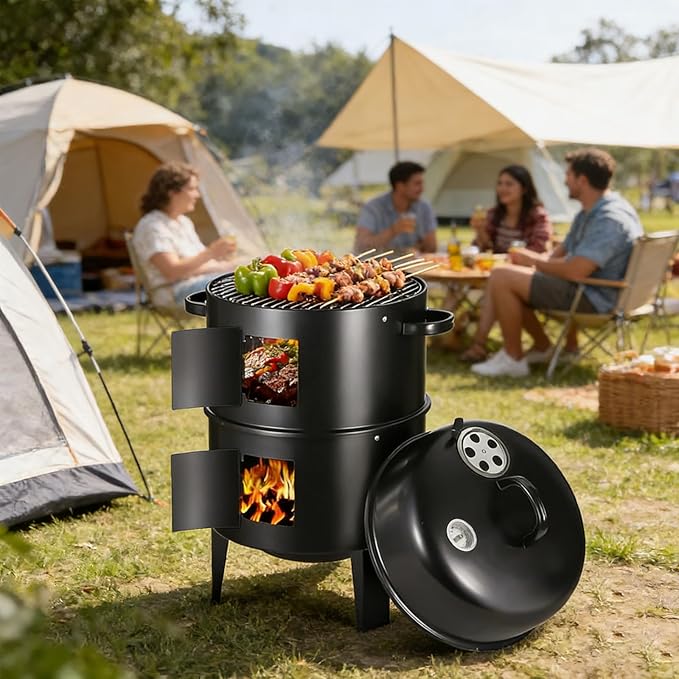 16.5-Inch Vertical Charcoal Smoker, Heavy Duty Round Multi-Layer BBQ Grill with Thermometer for Smoking Meats (Black)