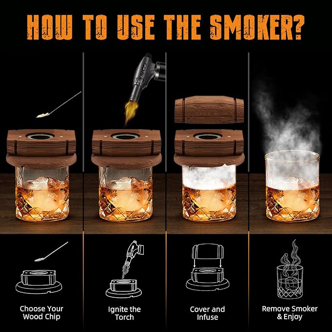 Birthday Gifts for Men Whiskey Smoker Kit Bourbon Cocktail with Torch-6 Flavors Wood Chips for Old Fashioned Drinks,House Warming,Unique for Men Him,Husband,Dad,Boyfriend(No Butane)