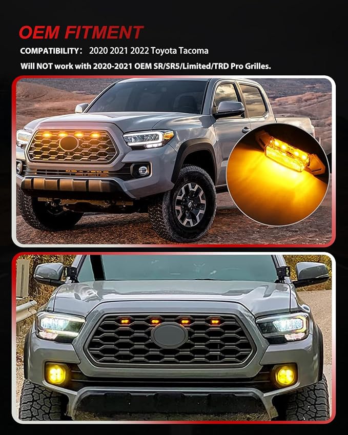 4Pcs Amber LED Grill Lights Kit for 2020-2022 Toyota Tacoma | for TRD Off-Road & Sport OEM Grille,Amber Shell, w/ Wiring Harness,Not for 2020-2021 OEM SR/SR5/Limited/TRD Pro Grilles