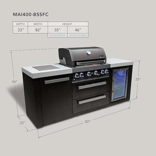Mont Alpi 82"W x 23"D x 46"H Black Stainless Steel Premium Outdoor Kitchen Island with Refrigerator + 32"W 4-Burner BBQ Grill + Granite Countertops + Storage + Chopping Board + Rotisserie Kit + Cover