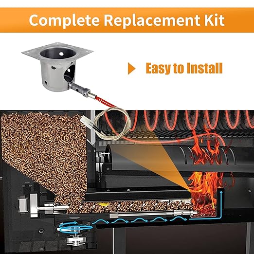 Replacement Fire Pot Burn Pot and Hot Rod Ignitor Kit with Screws and Fuse for Traeger, Pit Boss, Camp Chef, Z-Grills Wood Pellet Grill & Smoker – Heavy Duty 7-Hole Firepot Combo Assembly Parts
