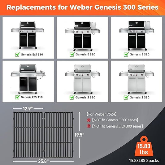 QuliMetal Porcelain‑Enameled Cast‑Iron Grill Grates for Weber Genesis 300 Series, Grill Parts for Weber Genesis E310 S310 E320 S320 E330 S330 EP310 EP320 EP330 Grills, 19.5" Grates Replace 7524 7528