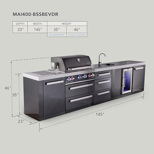 Mont Alpi 145"W x 23"D x 46"H Black Stainless Steel Outdoor Kitchen Island + Fridge Faucet & Sink Combo + 32"W 4-Burner BBQ Grill + Granite Countertops + Storage + Chopping Board + Rotisserie + Cover