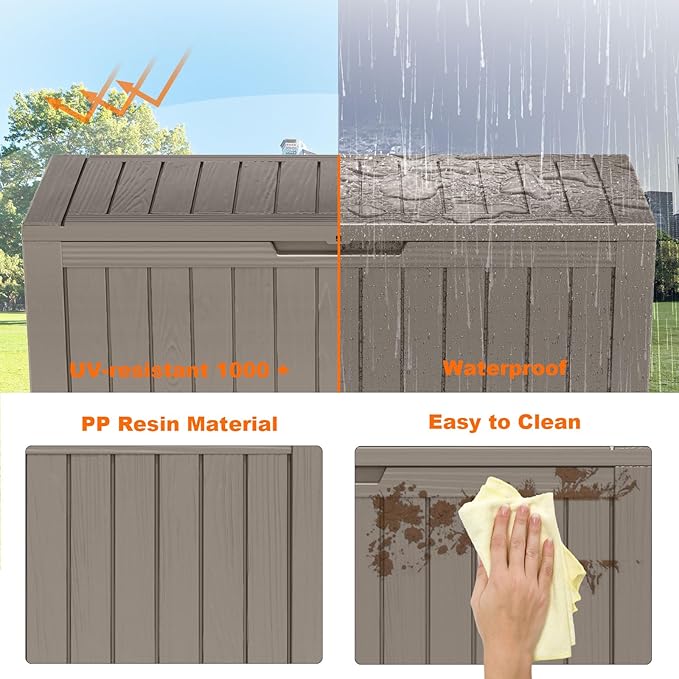 PatioZen 85 Gallon Deck Box Outdoor, Weatherproof Resin Patio Storage Box, Waterproof Outdoor Storage Boxes with Lid Lockable for Cushions, Garden Tools,Grey