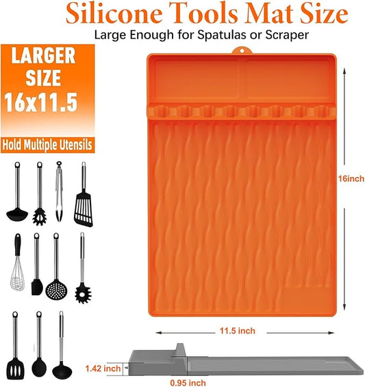 2-Pack Silicone Griddle Mat for Blackstone – Heat-Resistant Utensil Holder with Drip Tray, Non-Slip BBQ Tool Organizer for Grill, Kitchen Countertop & Outdoor Cooking Accessories(Grey&Orange)