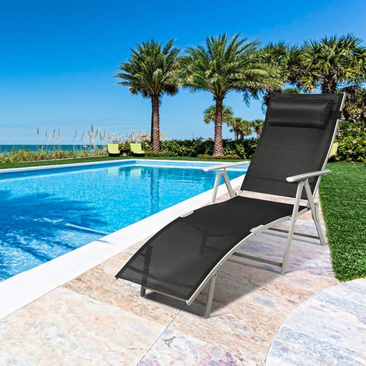 Tangkula Outdoor Folding Chaise Lounge Chair, Lightweight Recliner Chair w/ 7 Adjustable Backrest Positions, Patio Reclining Beach w/Removable Cushion & Pillow for Patio Poolside No Assembly Required