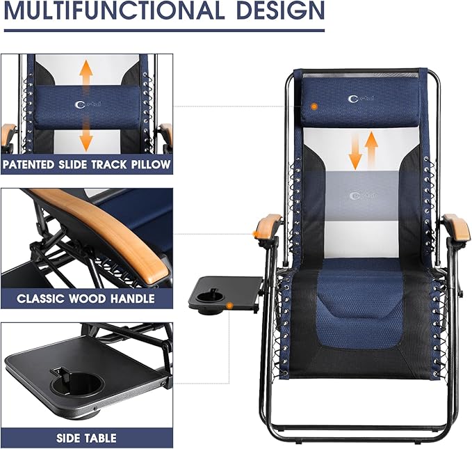 Portal Portable Zero Gravity Chair, Lounge Chair Outdoor Oversized Zero Gravity Chair Folding Lounge Chair with Adjustable Pillows and Cup Holder for Poolside Backyard and Lawn, Support 350lbs
