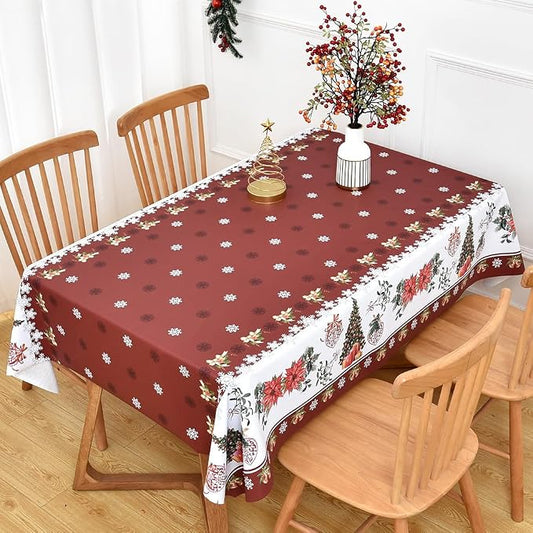 Christmas Table Cloth Rectangle Heavy Duty Vinyl Red Christmas Tablecloth Plastic Reusable Santa Tablecloth Wpieable Waterproof PVC Xmas Table Cover for Dining Party New Year(Red, 54"x72")