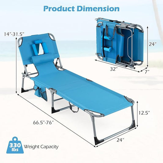 Goplus Tanning Chair, Folding Adjustable Patio Lounge Chair with Face Hole, Removable Pillow, 330LBS, Carry Strap, Outdoor Sunbathing Chair, Lightweight Portable Beach Lounge Chair (2, Navy)