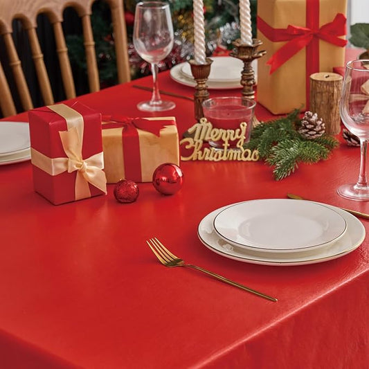 NLMUVW Red Vinyl Tablecloth with Flannel Backing 100% Waterproof Christmas Square PVC Table Cloth Wipe Clean Table Cover for Dining Party Outdoor, 52 X 52 Inch