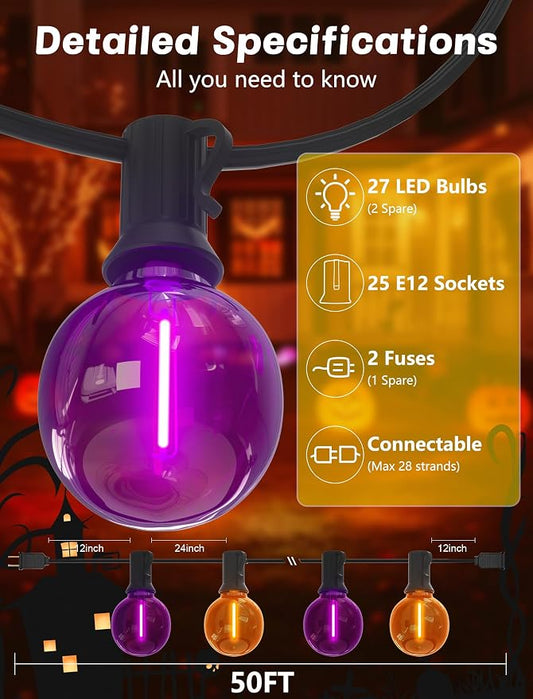 SUNSGNE G40 LED Halloween String Lights Outdoor 50FT Halloween Globe Lights with 27 LED Shatterproof Clear Orange Purple Bulbs(2 Spare) for Patio Balcony Backyard Pergola Decor