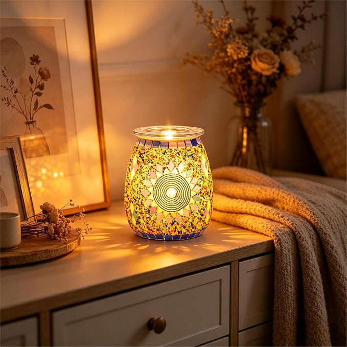 Dicimi Electric Candle Warmer, Mosaic Sunflower Design Wax Melt Warmer with Warm Night Light, No Flame Candle Warmer Lamp for Home Decor, Wax Melter for Scented Wax, Safe Wax Warmer for Aroma Gift