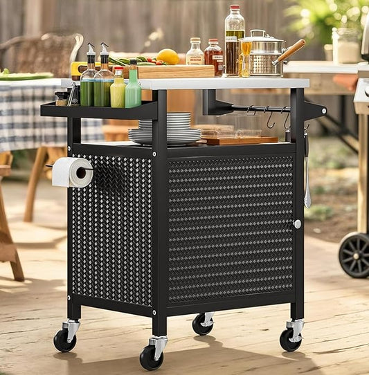 YITAHOME 25 Inch Outdoor Grill Cart with Stainless Steel Top, Outdoor Grill Table with Storage Shelves for Patio, Kitchen Prep, Grilling Accessories, Black