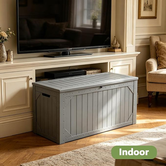 Outdoor Storage Box, 95 Gallon Deck Box Outdoor Storage Bench, Outside Waterproof Resin Storage Bench, Lockable Patio Cushions, Garden Tools Storage for Furniture, UV Resistant (Gray)