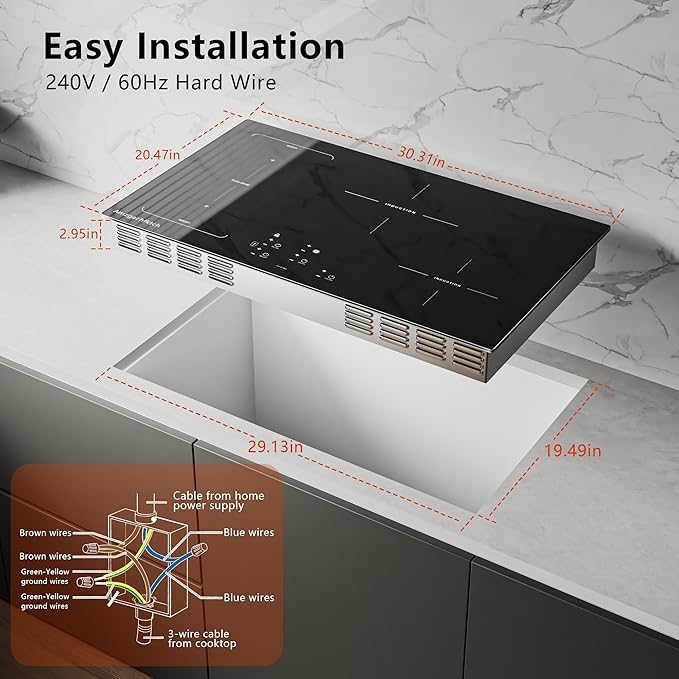30 Inch Induction Cooktop - 4 Burner Built-In Electric Stove with Bridge-SYNC, Booster, Timer & Child Lock | 9000W 220-240V Hardwired, Black Glass Top
