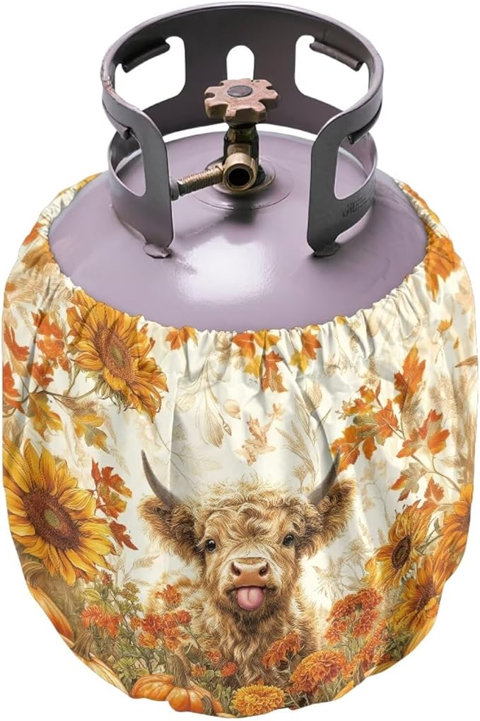 Fall Propane Tank Cover 20lb Highland Cow Gas Tank Cylinder Cover for Outdoor Easy to Install RV Gas Cylinder Storage Pocket for Yard Party RV Travel Trailer